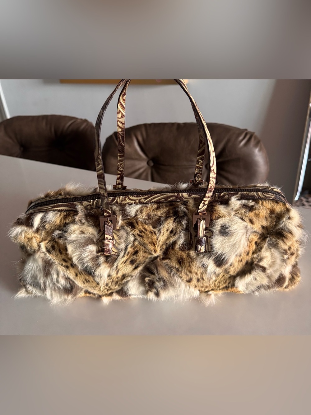 RARE Vintage Fendi Lynx Fur East West Barrel Bag
